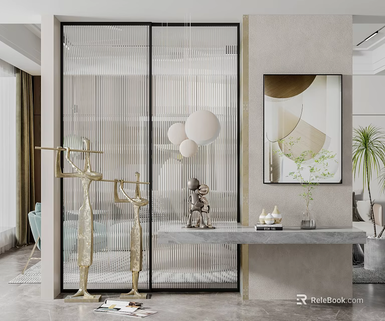 Modern Interior Design Glass Partition With Golden Sculptures Console Table Decorative Items Wall Art Living Space 3d model 