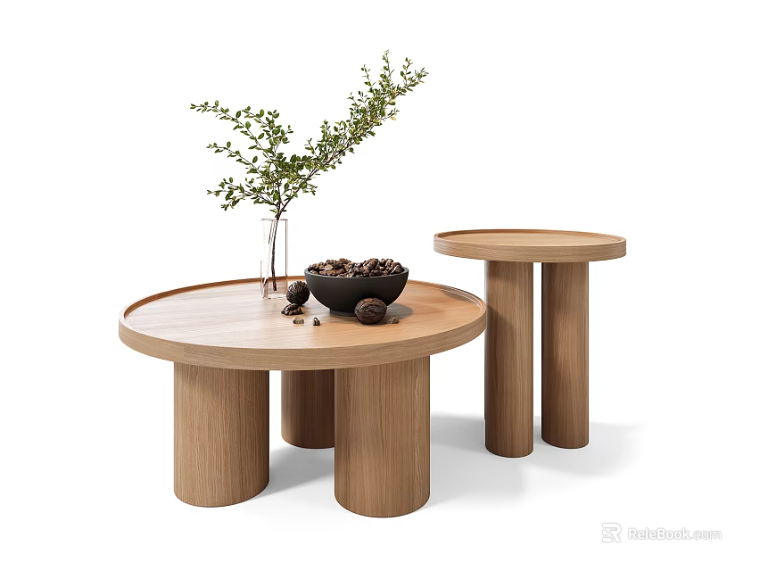 Wooden Round Coffee Tables Featuring Vase With Green Plant And Bowl Of Nuts 3d model 