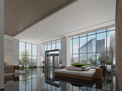 Modern Hotel Lobby With High Ceiling Large Windows Comfortable Sofa And Green Plants 3d model