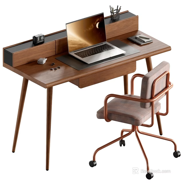 Modern Walnut Office Desk And Upholstered Swivel Chair Combination For Cozy Home Working Space 3d model 