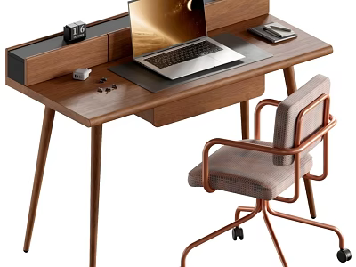 Modern Walnut Office Desk And Upholstered Swivel Chair Combination For Cozy Home Working Space 3d model