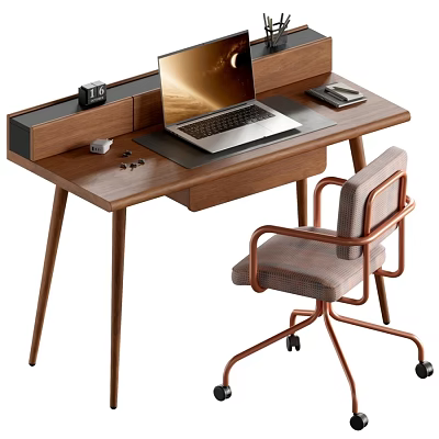 Modern Walnut Office Desk And Upholstered Swivel Chair Combination For Cozy Home Working Space 3d model
