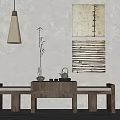 Natural Tea Nook With Wooden Table Tea Set Small Plant Hanging Lamp And Decorative Paintings