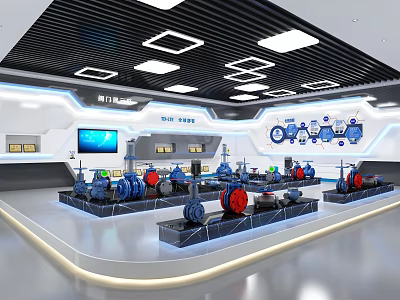 Modern Exhibition Booth Displaying Industrial Equipment With Bright Lighting Blue Decor And Modern Design 3d model