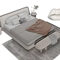 Modern Upholstered Double Bed With Gray Blanket Pillows Ottoman Side Table And Rug 3d model
