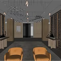 Luxury Lobby Interior With Brown Columns Chandelier Grey Sofa Marble Floor And City View