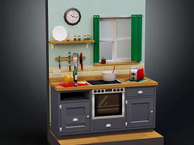 Cozy Kitchen Interior With Gray Cabinets Wooden Countertop Clock And Green Curtains 3d model