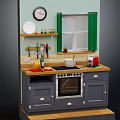 Cozy Kitchen Interior With Gray Cabinets Wooden Countertop Clock And Green Curtains