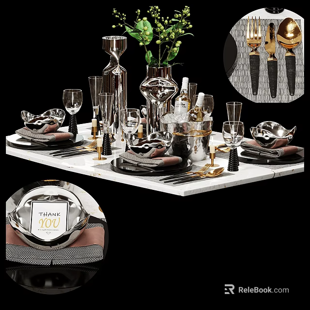 Elegant Decorative Ornament Set With Silver Gold Dinnerware Vase Wine Glasses Green Plant Marble Tabletop 3d model 