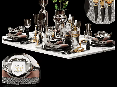 Elegant Decorative Ornament Set With Silver Gold Dinnerware Vase Wine Glasses Green Plant Marble Tabletop 3d model