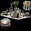 Elegant Decorative Ornament Set With Silver Gold Dinnerware Vase Wine Glasses Green Plant Marble Tabletop