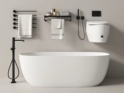 Modern Sleek Freestanding Bathtub Bathroom With Faucet Towel Rack Towels And Toilet 3d model