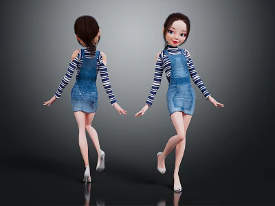 Cartoon Girls With Denim Overalls Dress Striped Long Sleeve Tops High Heels Front Back Dark Background 3d model