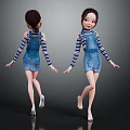 Cartoon Girls With Denim Overalls Dress Striped Long Sleeve Tops High Heels Front Back Dark Background