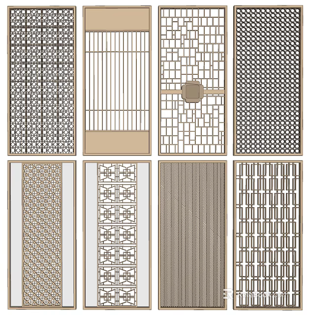 Various Room Divider Styles With Geometric Patterns Decorative Grilles And Textures 3d model