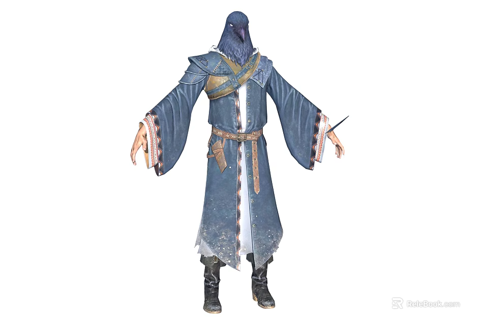 Mysterious Hooded Game Movie Character In Blue Tattered Robe With Leather Belt And Clawed Hands 3d model 