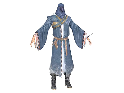 Mysterious Hooded Game Movie Character In Blue Tattered Robe With Leather Belt And Clawed Hands 3d model