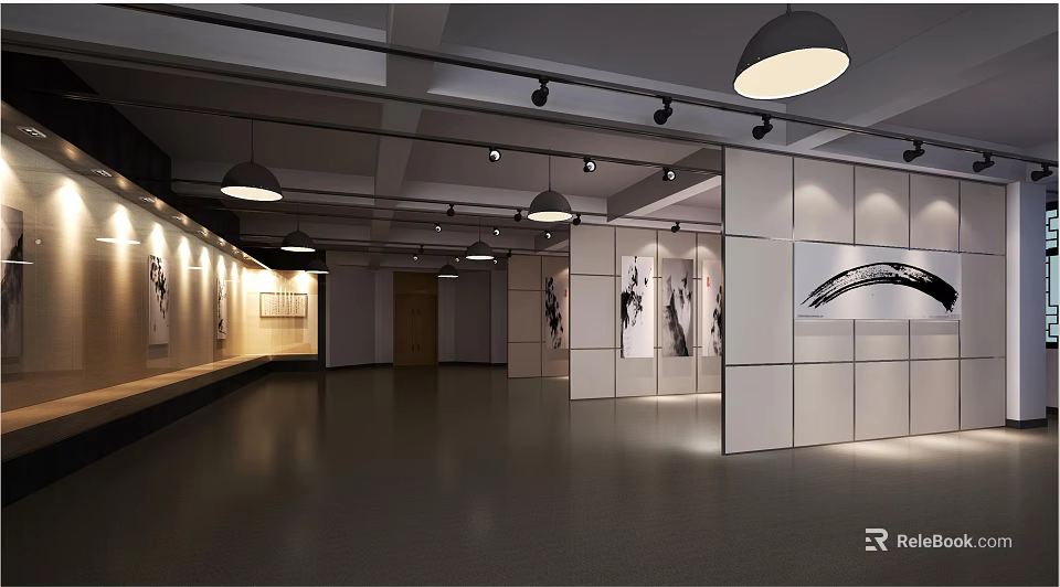 Modern Exhibition Hall Interior With White Display Panels Track Lights And Artworks 3d model 