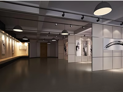 Modern Exhibition Hall Interior With White Display Panels Track Lights And Artworks 3d model
