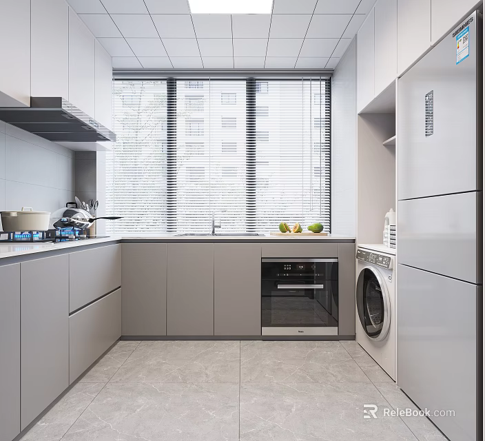 Modern Minimalist Kitchen Interior With Gray Cabinets Window Blinds And Appliances 3d model