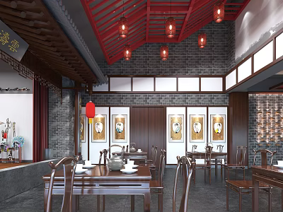 Chinese Restaurant Interior With Red Roof Beams Red Lanterns And Traditional Wooden Furniture 3d model