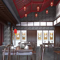 Chinese Restaurant Interior With Red Roof Beams Red Lanterns And Traditional Wooden Furniture