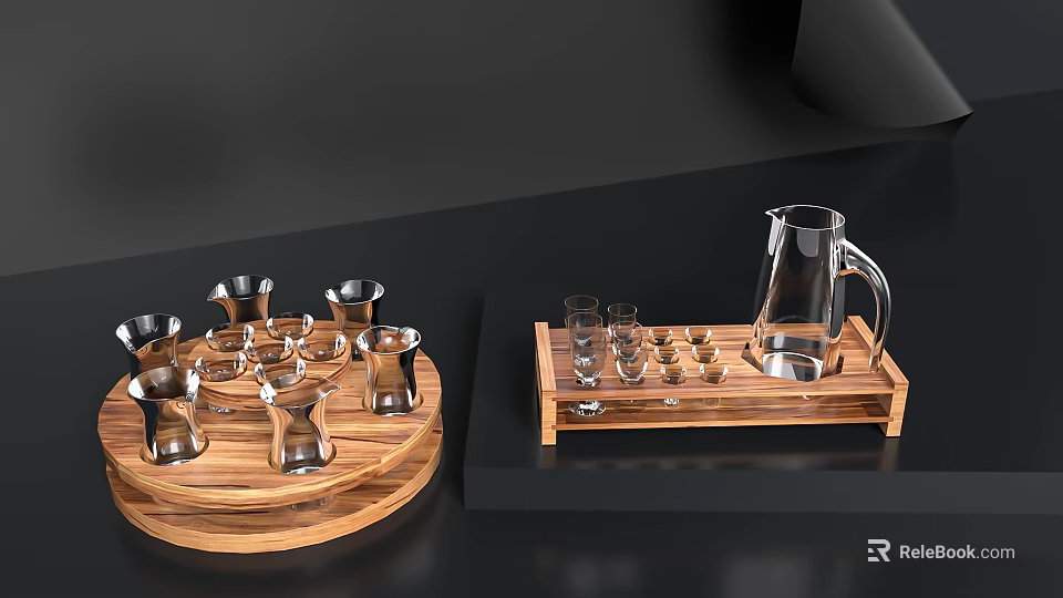 Elegant Glass Wine Bottle And Multiple Glasses Arranged On Wooden Serving Trays 3d model 