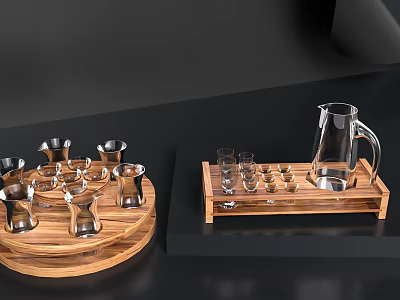 Elegant Glass Wine Bottle And Multiple Glasses Arranged On Wooden Serving Trays 3d model