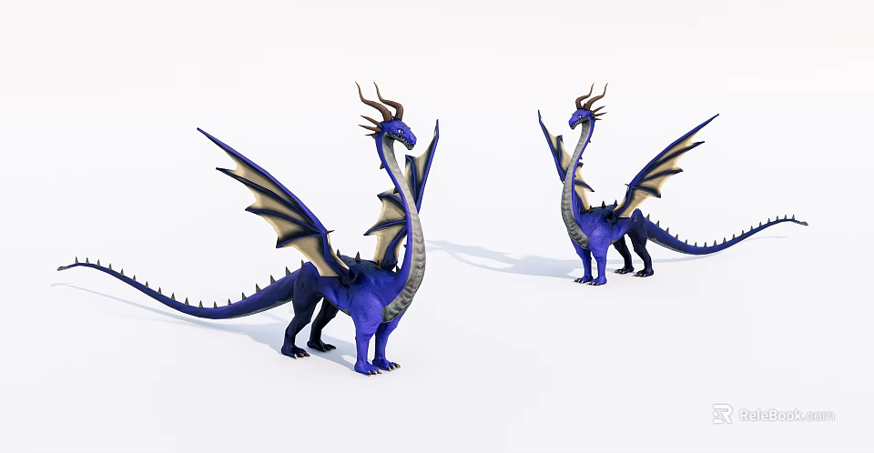 Blue Purple Dragons Game Movie Character With Wings Horned Heads Standing on White Background 3d model 