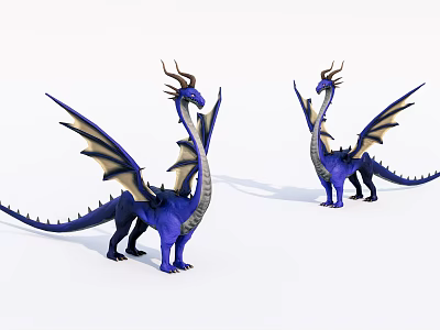 Blue Purple Dragons Game Movie Character With Wings Horned Heads Standing on White Background 3d model