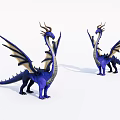 Blue Purple Dragons Game Movie Character With Wings Horned Heads Standing on White Background