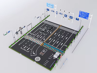 Road Infrastructure Featuring Traffic Signs Lane Markings Parking Areas and Directional Signs 3d model