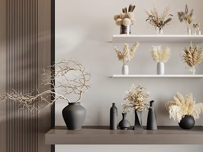 Modern Interior With Black Vases And Dried Pampas Grass On White Shelves And Table 3d model