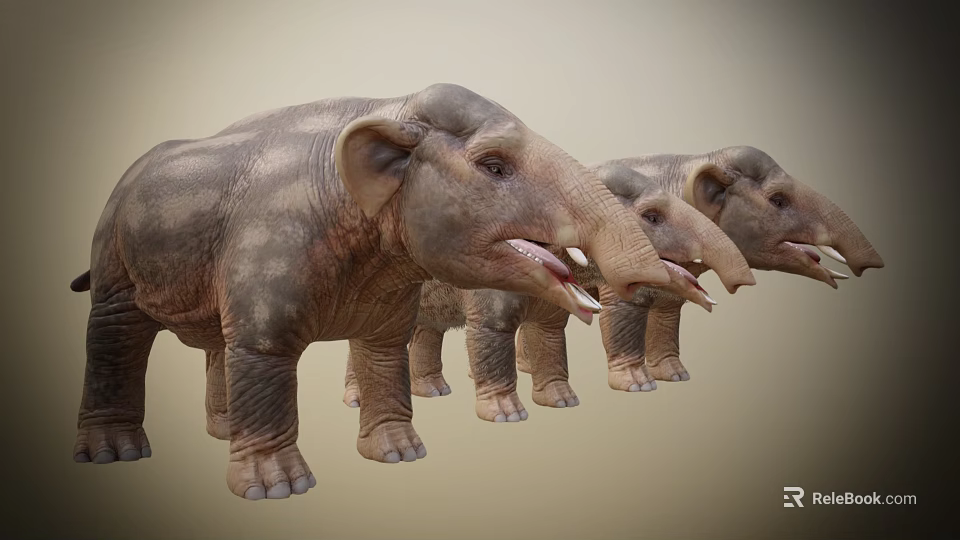 Detailed Realistic Three Standing Elephants With Textured Skin And Open Mouths 3d model 