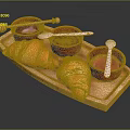 Fresh Croissants With Honey From Bees And Colorful Sauces On Wooden Tray
