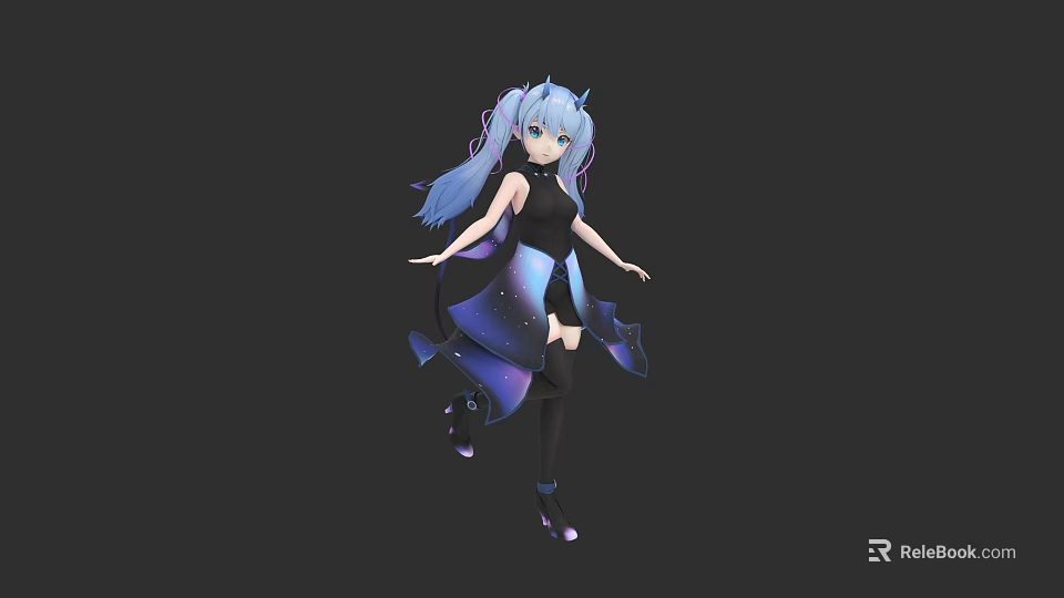 Female 3D Character With Blue Hair Black Dress Starry Pattern Flowing Design And High Heels 3d model 