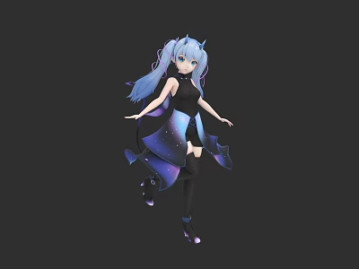 Female 3D Character With Blue Hair Black Dress Starry Pattern Flowing Design And High Heels 3d model