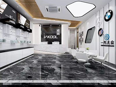 4S Store With BMW FAW-Volkswagen Brand Reception Desk Display Area Marble Floor And White Seats 3d model