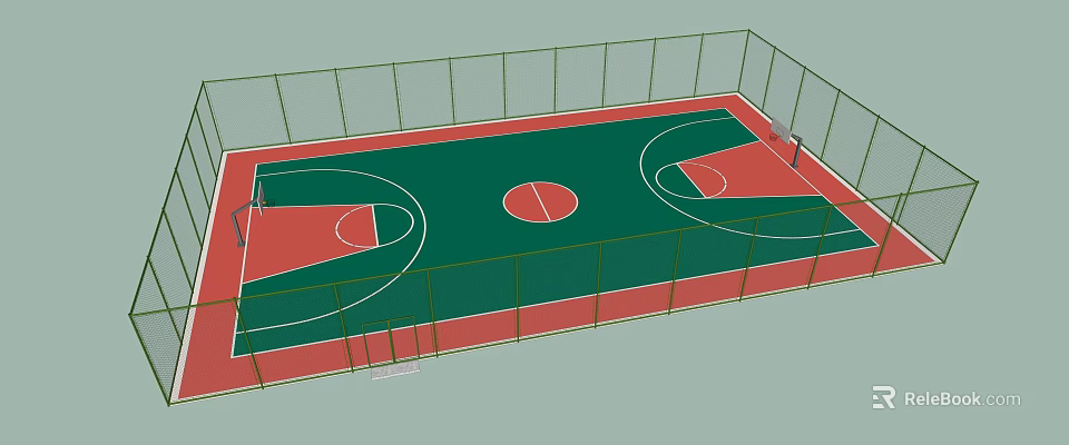 Outdoor Basketball Court With Green Red Surface Fence And Hoops Structure 3d model 