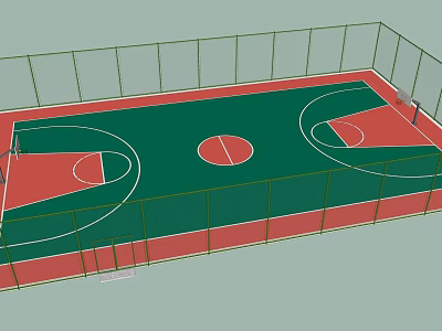Outdoor Basketball Court With Green Red Surface Fence And Hoops Structure 3d model