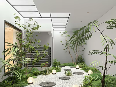 Modern Courtyard Garden With Lush Green Plants Circular Stone Stepping Stones And Ground Lanterns 3d model