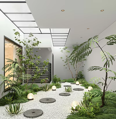 Modern Courtyard Garden With Lush Green Plants Circular Stone Stepping Stones And Ground Lanterns 3d model