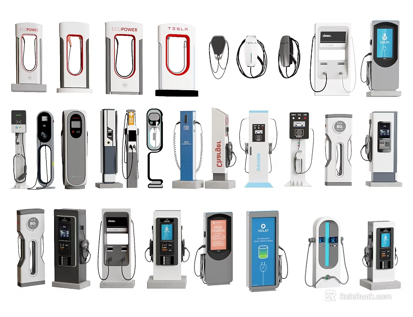 Modern Public Electric Vehicle Charging Stations With Various Designs And Interfaces 3d model 