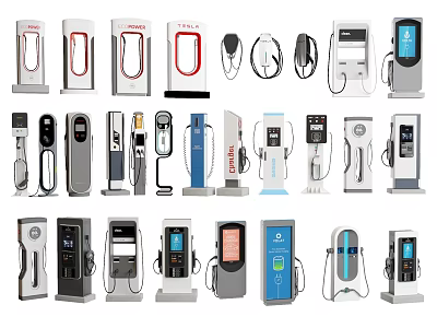 Modern Public Electric Vehicle Charging Stations With Various Designs And Interfaces 3d model
