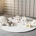 Stuffed Gray Bear on Round White Rug with Blocks Toy Car Light Lattice Wall Curtain
