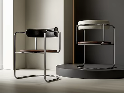 Modern Dining Chairs With Sleek Metal Frames And Brown Leather Seats In Minimalist Interior Design 3d model