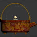 Red And Gold Patterned Teapot With Curved Handle And Decorative Lid Knob