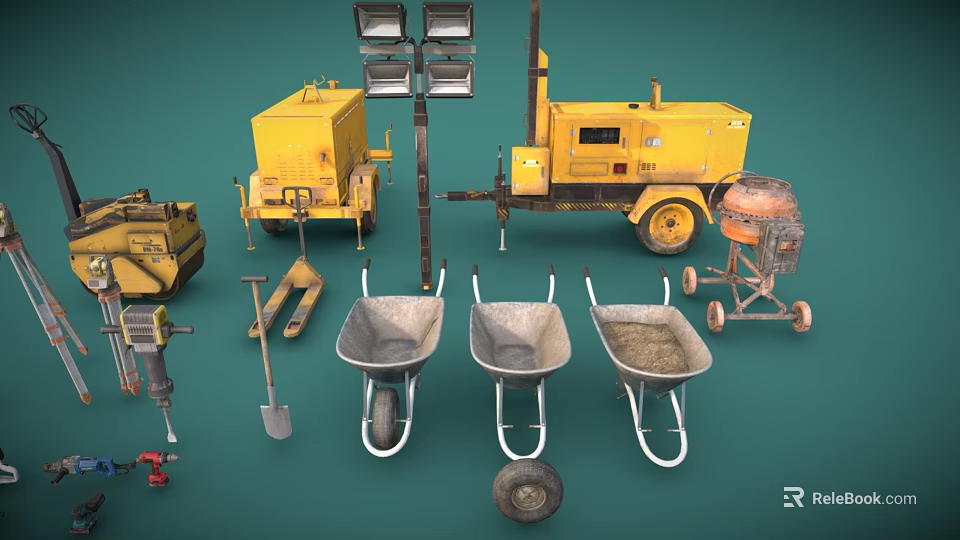 Yellow Heavy Duty Construction Equipment Including Concrete Mixers Wheelbarrows And Road Lights 3d model 