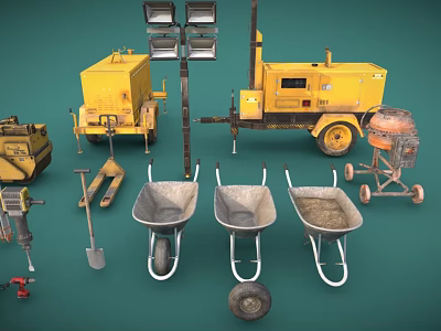 Yellow Heavy Duty Construction Equipment Including Concrete Mixers Wheelbarrows And Road Lights 3d model