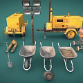 Yellow Heavy Duty Construction Equipment Including Concrete Mixers Wheelbarrows And Road Lights